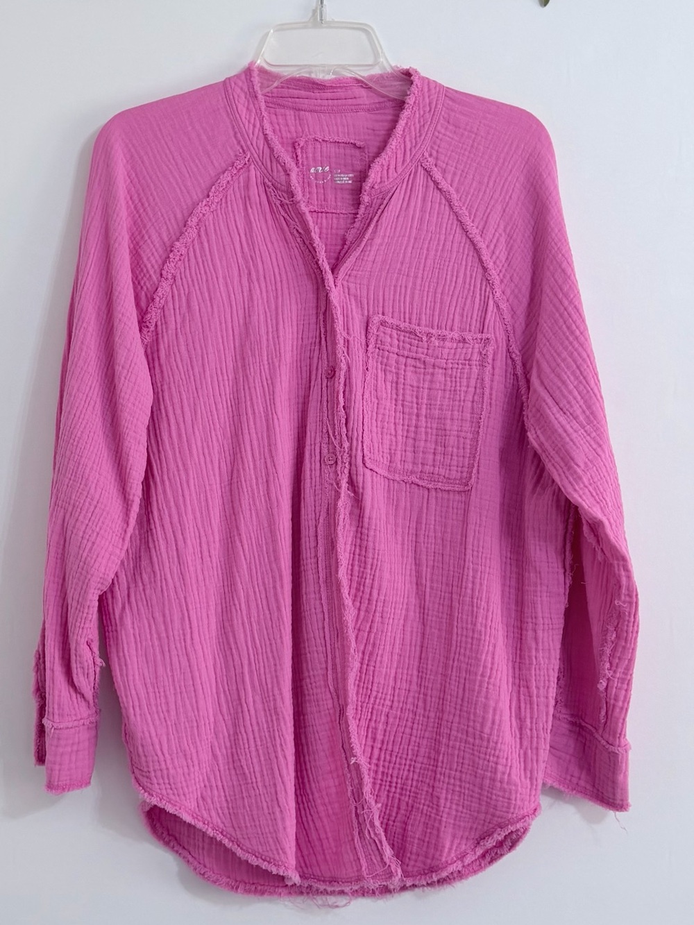 Aerie Gauze Button Down Shirt Raw Hem in Pink Size Small